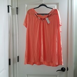 Coral v-neck top with beaded collar